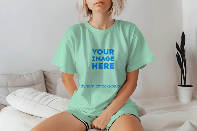 Woman Wearing Mint T-shirt Mockup Front View Template