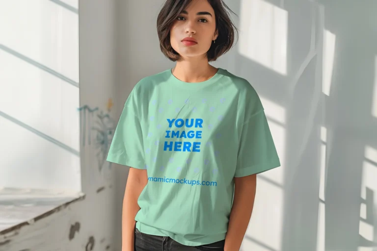 Woman Wearing Mint T-shirt Mockup Front View Template