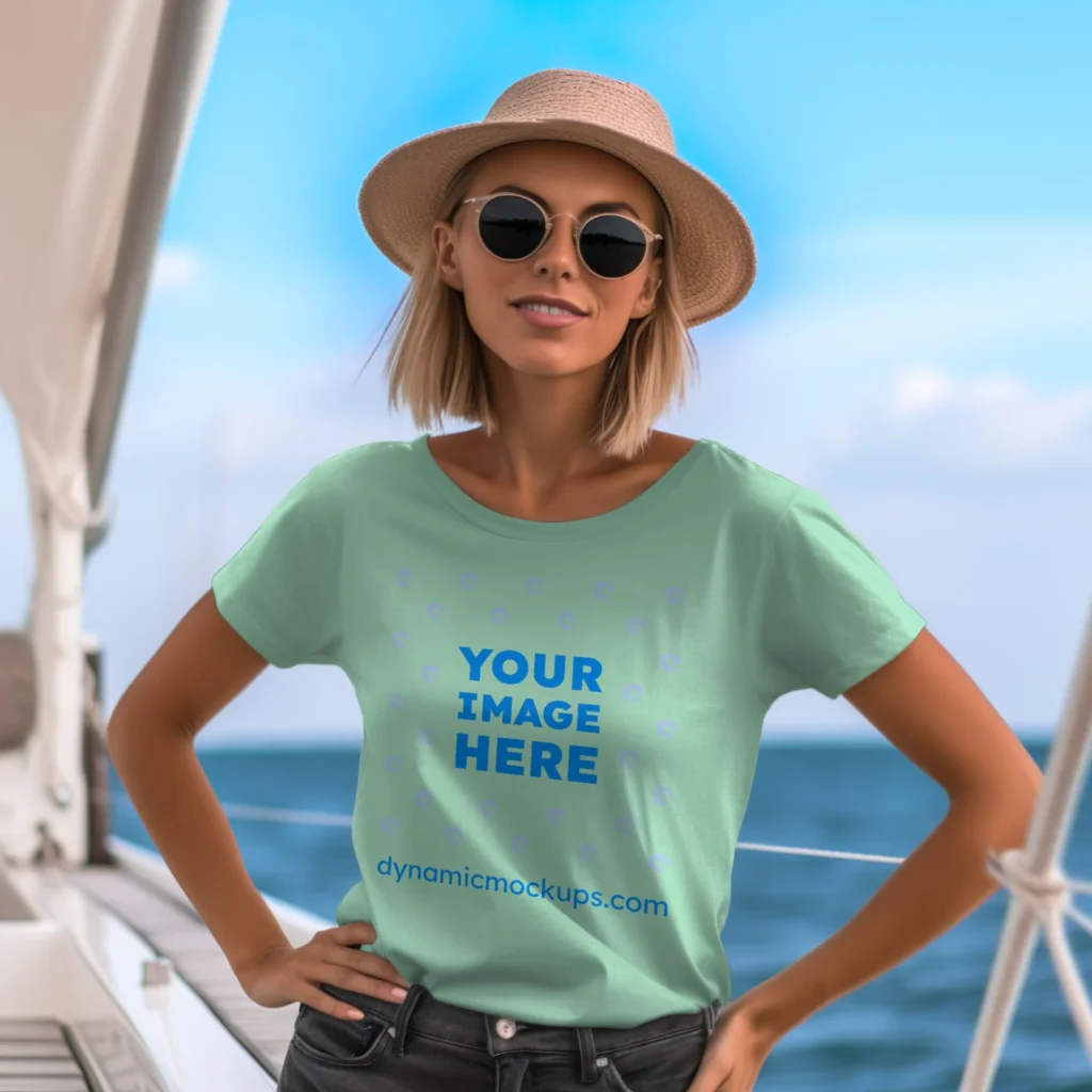 Woman Wearing Mint T-shirt Mockup Front View Template