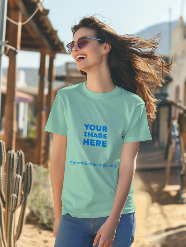 Woman Wearing Mint T-shirt Mockup Front View Template