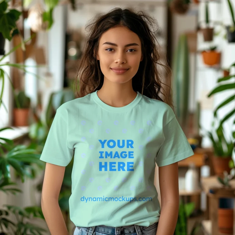 Woman Wearing Mint T-shirt Mockup Front View Template