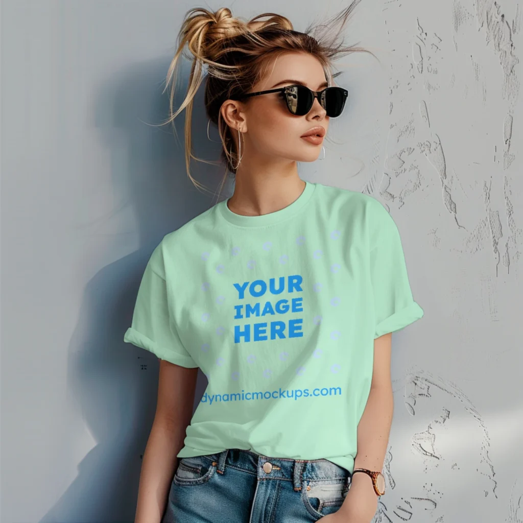 Woman Wearing Mint T-shirt Mockup Front View Template