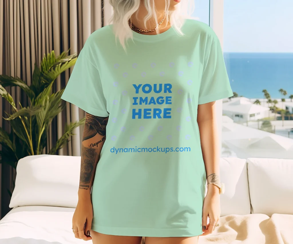 Woman Wearing Mint T-shirt Mockup Front View Template