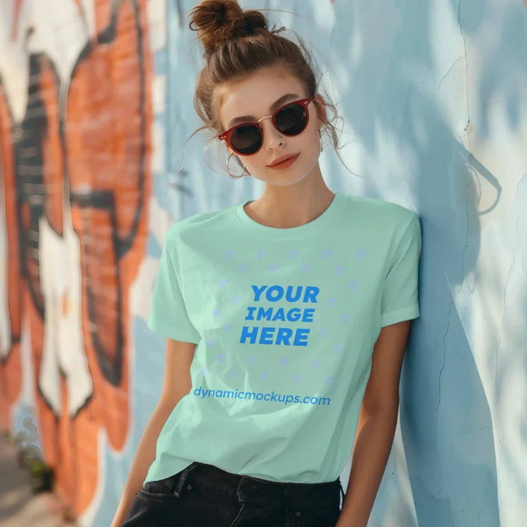 Woman Wearing Mint T-shirt Mockup Front View Template