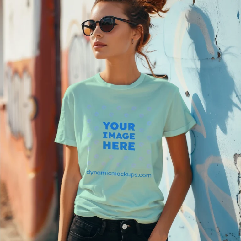 Woman Wearing Mint T-shirt Mockup Front View Template