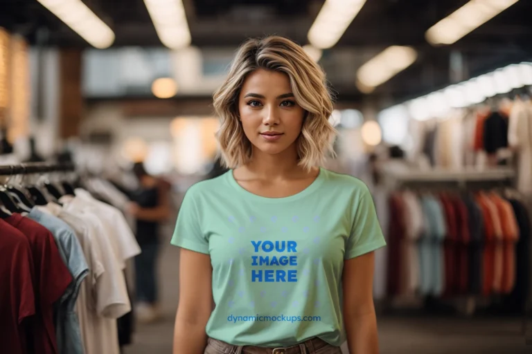 Woman Wearing Mint T-shirt Mockup Front View Template