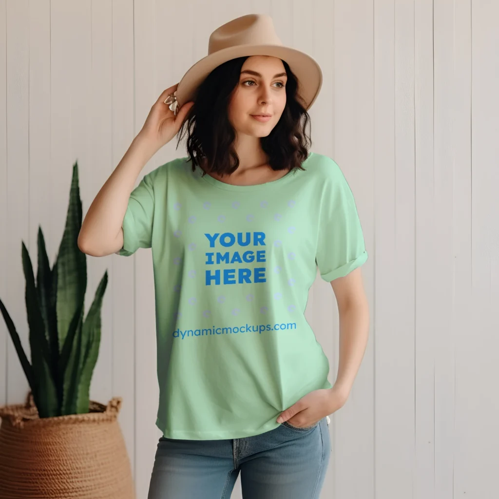 Woman Wearing Mint T-shirt Mockup Front View Template