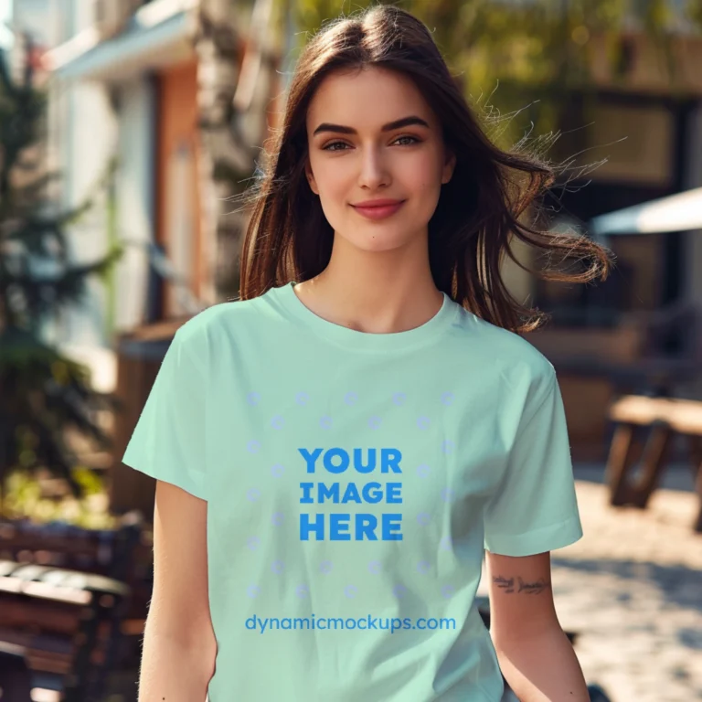 Woman Wearing Mint T-shirt Mockup Front View Template