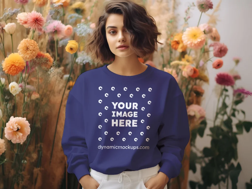 Woman Wearing Navy Blue Sweatshirt Mockup Front View Template