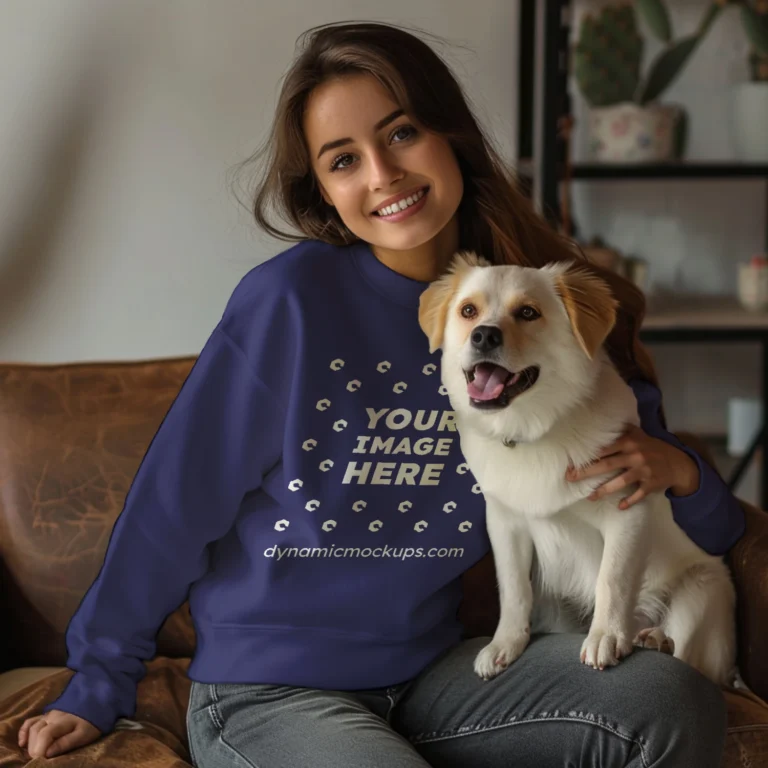 Woman Wearing Navy Blue Sweatshirt Mockup Front View Template