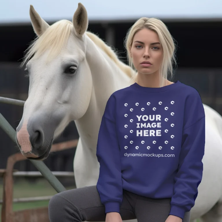 Woman Wearing Navy Blue Sweatshirt Mockup Front View Template