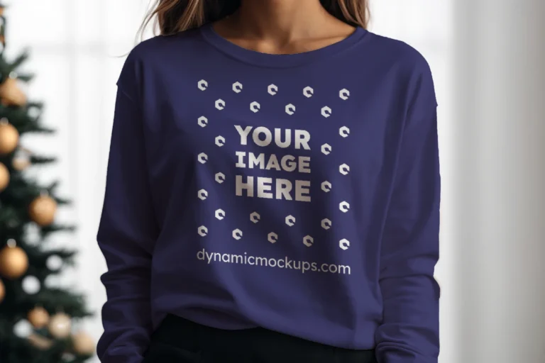 Woman Wearing Navy Blue Sweatshirt Mockup Front View Template