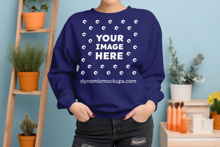 Woman Wearing Navy Blue Sweatshirt Mockup Front View Template