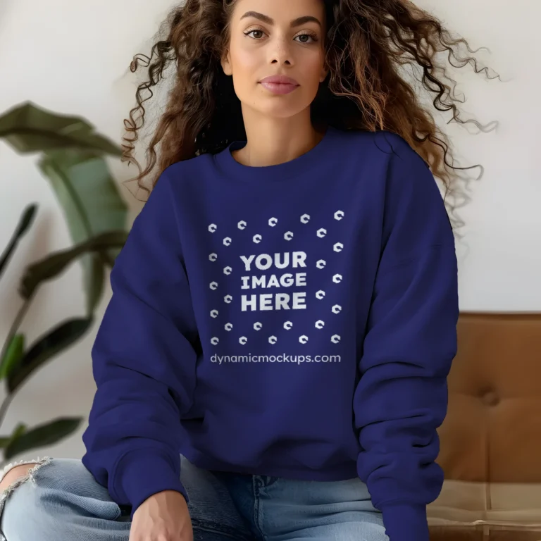 Woman Wearing Navy Blue Sweatshirt Mockup Front View Template