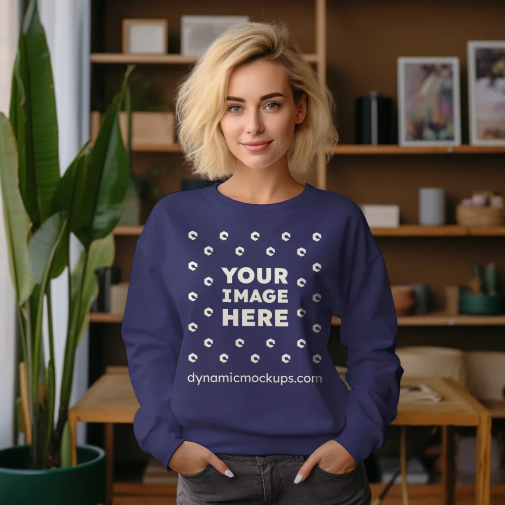 Woman Wearing Navy Blue Sweatshirt Mockup Front View Template