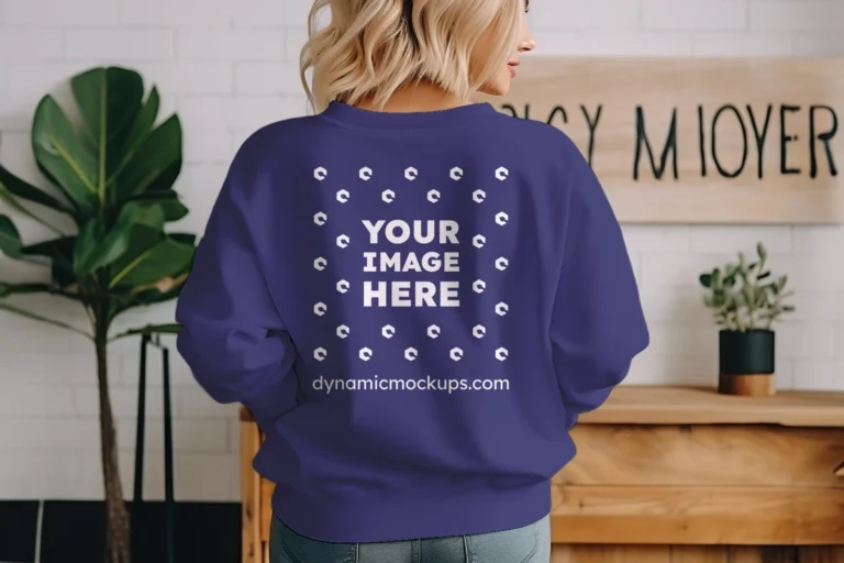 Woman Wearing Navy Blue Sweatshirt Mockup Back View Template