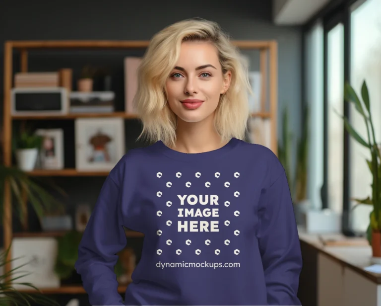 Woman Wearing Navy Blue Sweatshirt Mockup Front View Template