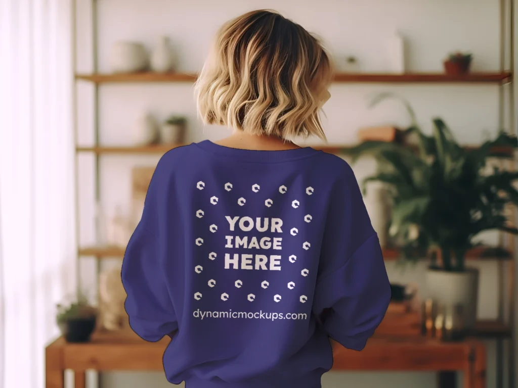 Woman Wearing Navy Blue Sweatshirt Mockup Back View Template