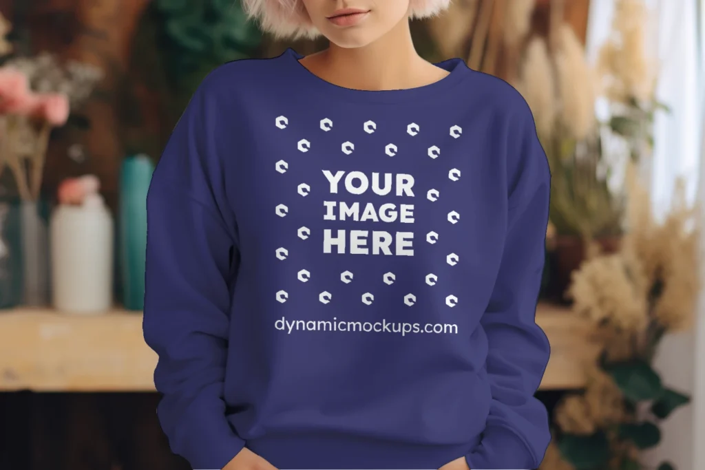 Woman Wearing Navy Blue Sweatshirt Mockup Front View Template