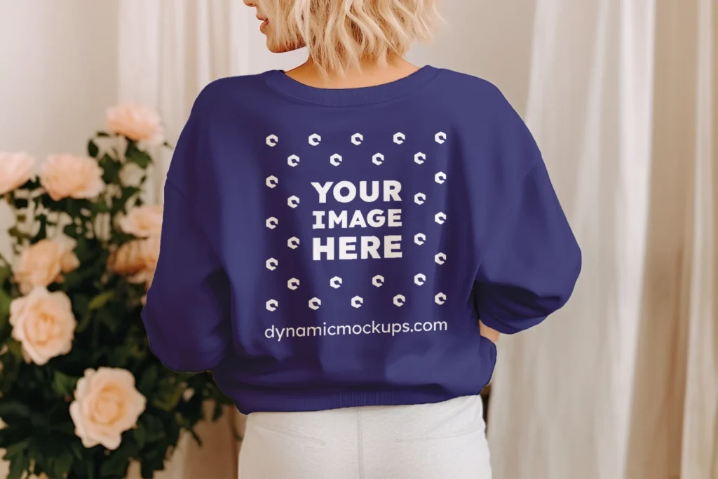 Woman Wearing Navy Blue Sweatshirt Mockup Back View Template