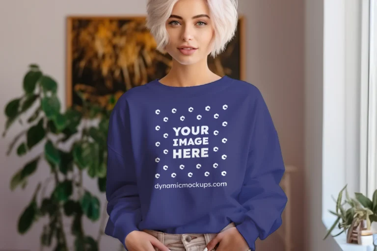 Woman Wearing Navy Blue Sweatshirt Mockup Front View Template