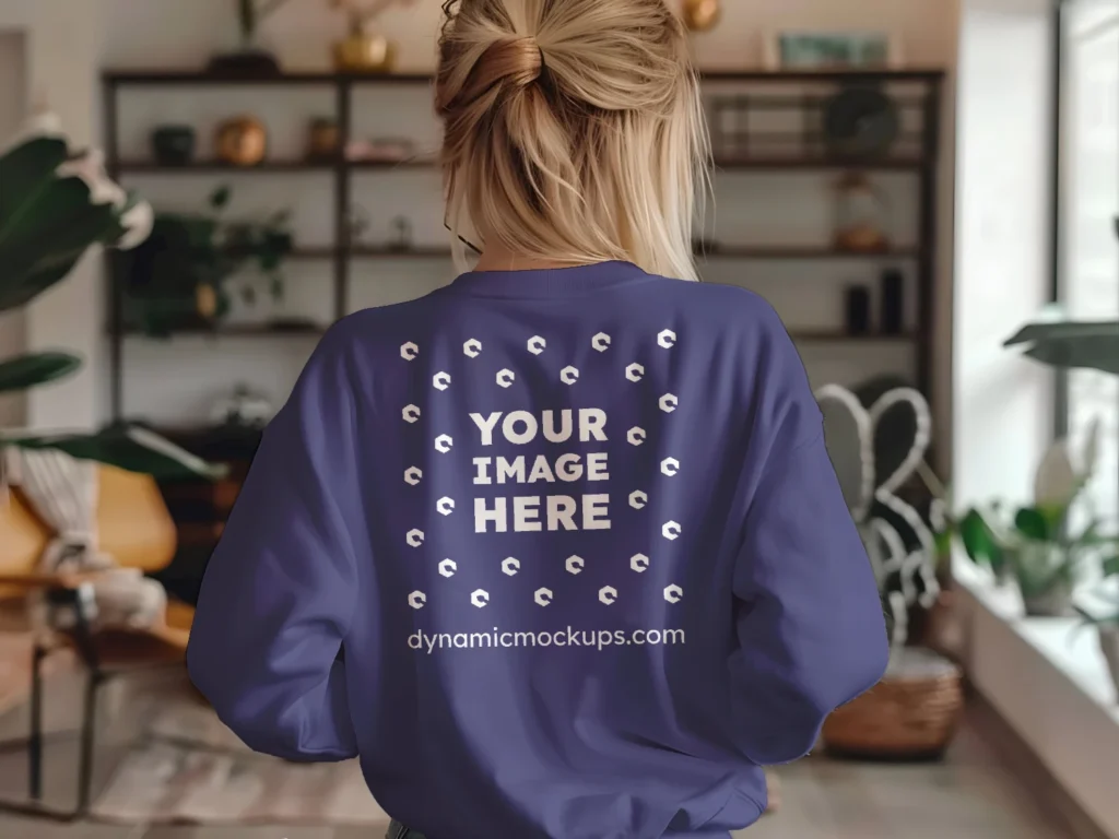 Woman Wearing Navy Blue Sweatshirt Mockup Back View Template