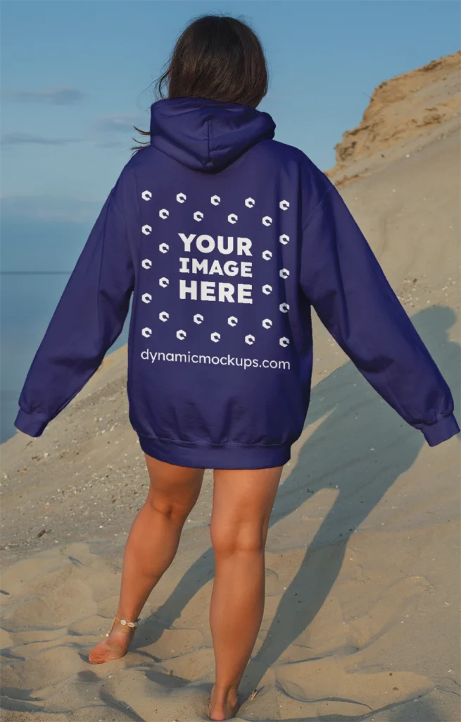 Woman Wearing Navy Blue Hoodie Mockup Back View Template