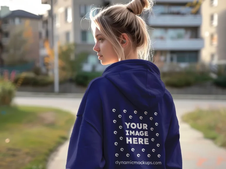 Woman Wearing Navy Blue Hoodie Mockup Back View Template