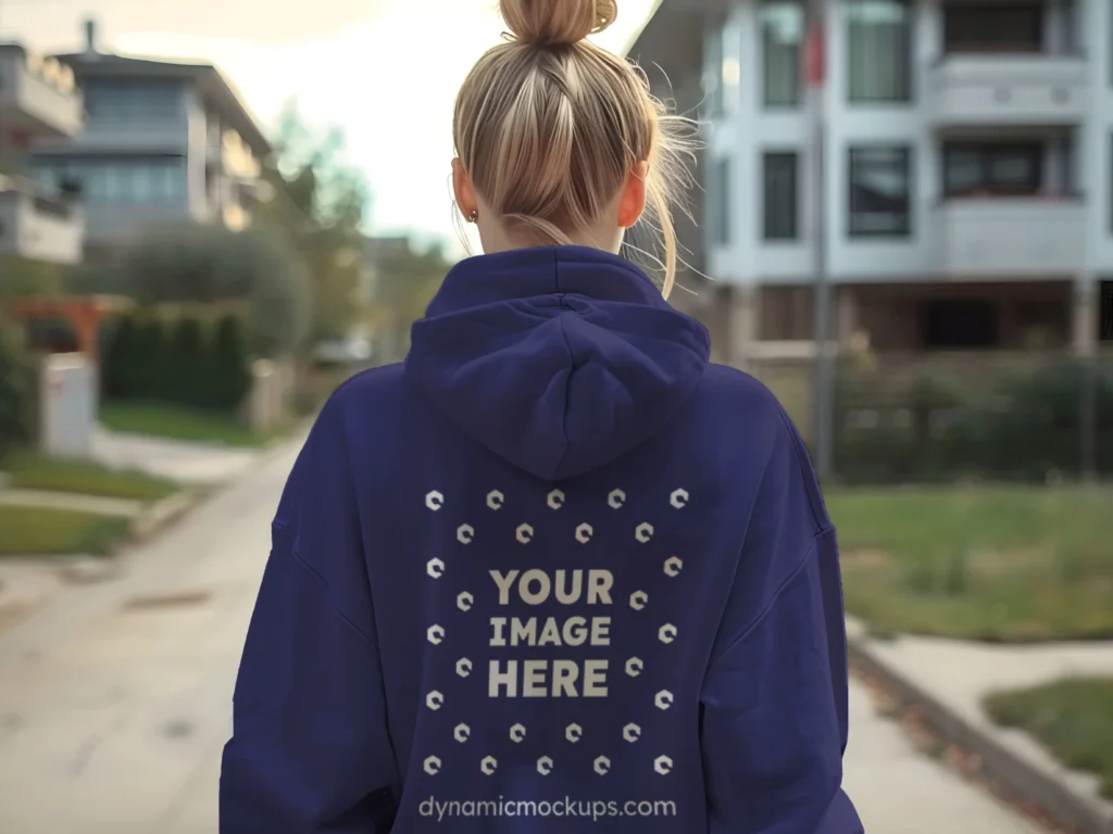 Woman Wearing Navy Blue Hoodie Mockup Back View Template