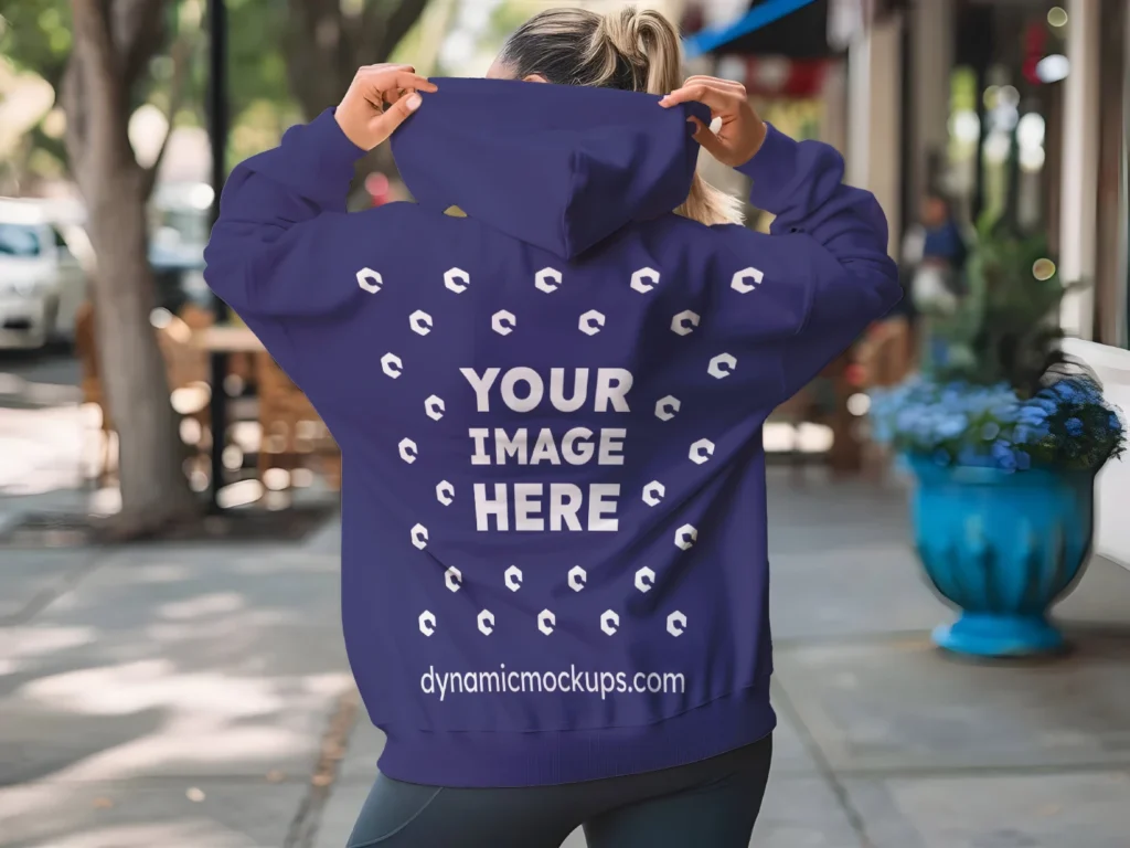 Woman Wearing Navy Blue Hoodie Mockup Back View Template