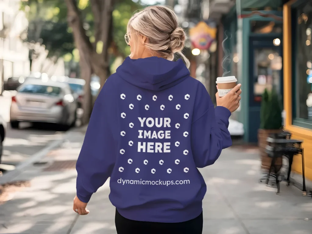 Woman Wearing Navy Blue Hoodie Mockup Back View Template