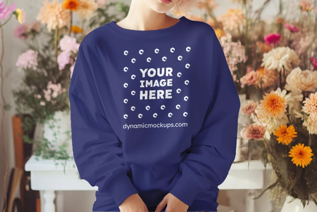 Woman Wearing Navy Blue Sweatshirt Mockup Front View Template