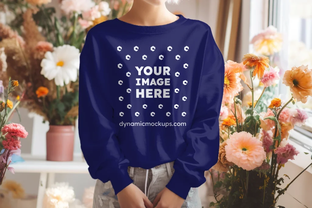 Woman Wearing Navy Blue Sweatshirt Mockup Front View Template