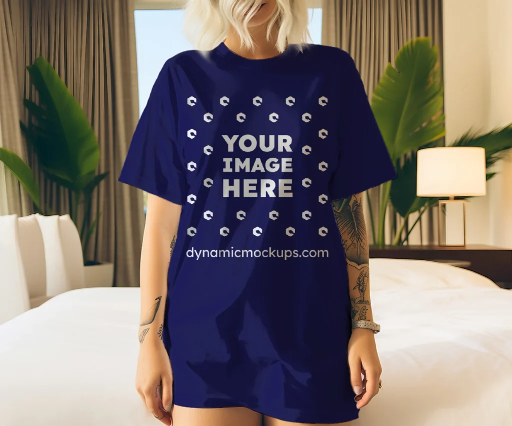 Woman Wearing Navy Blue T-shirt Mockup Front View Template