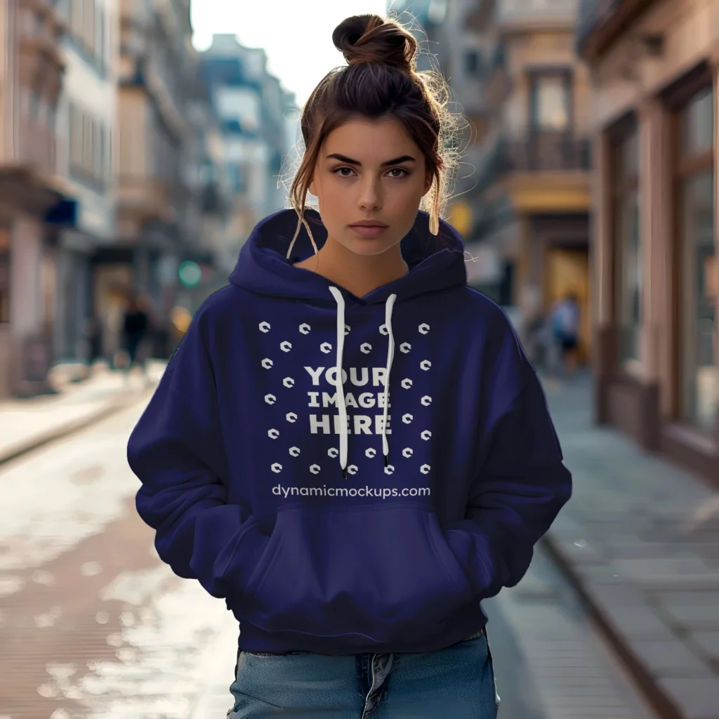 Woman Wearing Navy Blue Hoodie Mockup Front View Template