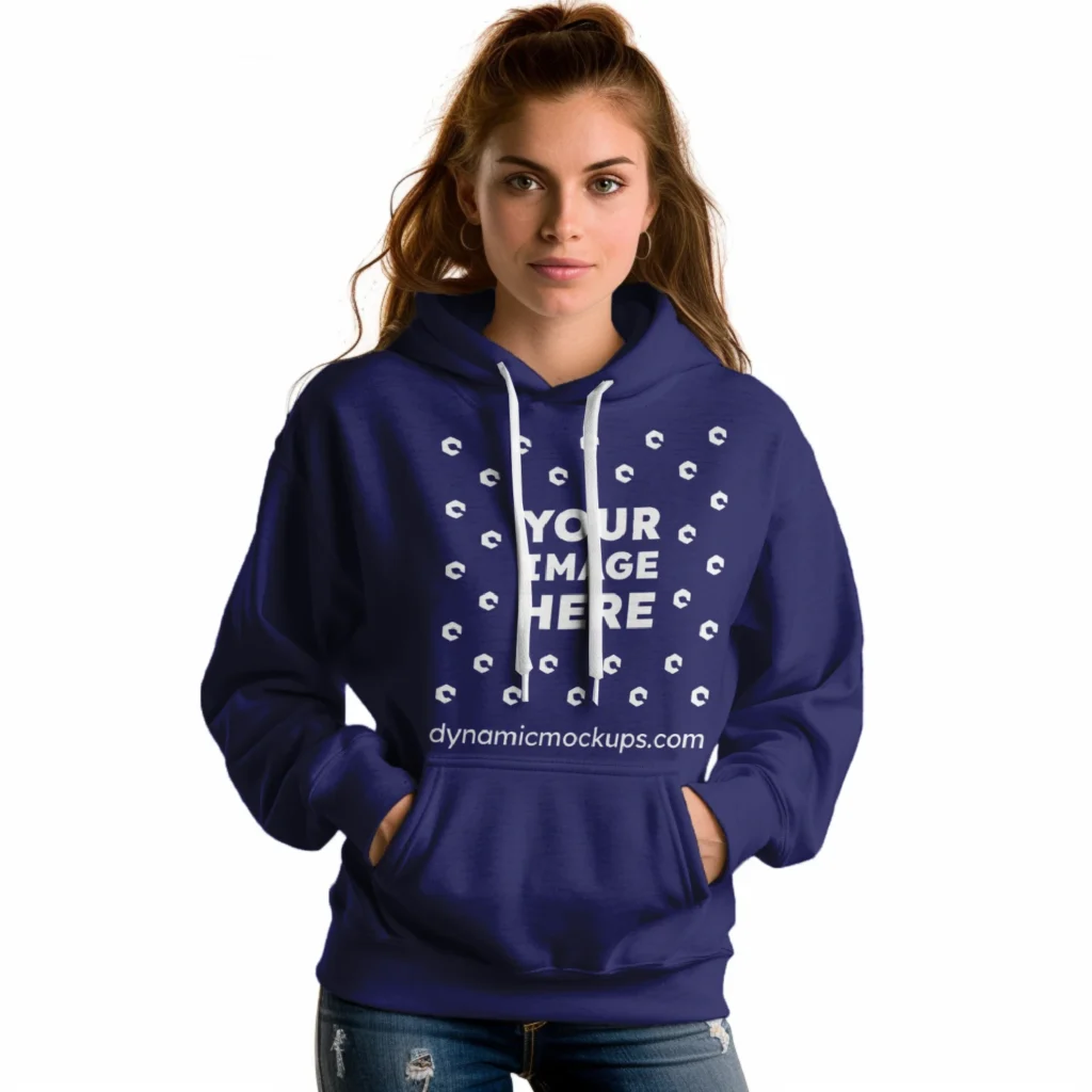 Woman Wearing Navy Blue Hoodie Mockup Front View Template