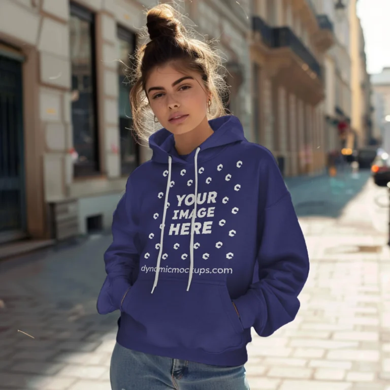 Woman Wearing Navy Blue Hoodie Mockup Front View Template