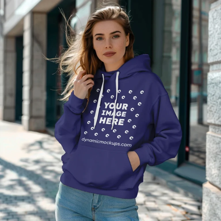 Woman Wearing Navy Blue Hoodie Mockup Front View Template