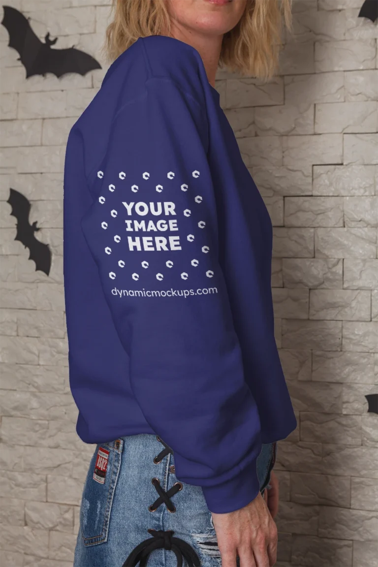 Woman Wearing Navy Blue Hoodie Mockup Side View Template