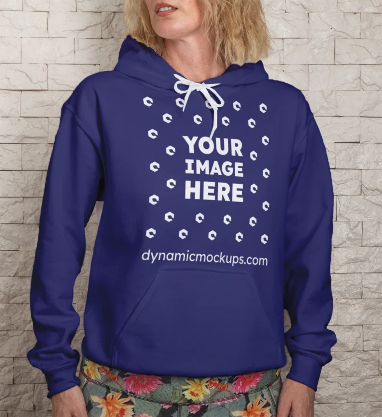 Woman Wearing Navy Blue Hoodie Mockup Front View Template