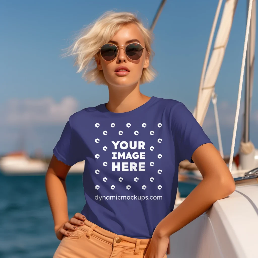 Woman Wearing Navy Blue T-shirt Mockup Front View Template