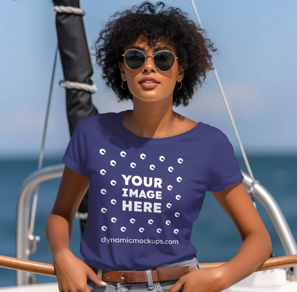 Woman Wearing Navy Blue T-shirt Mockup Front View Template