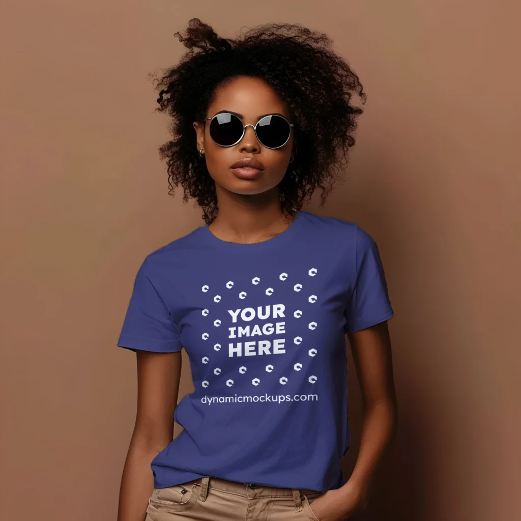 Woman Wearing Navy Blue T-shirt Mockup Front View Template