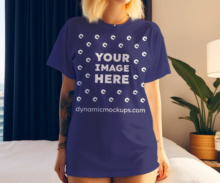 Woman Wearing Navy Blue T-shirt Mockup Front View Template