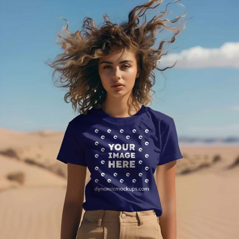 Woman Wearing Navy Blue T-shirt Mockup Front View Template