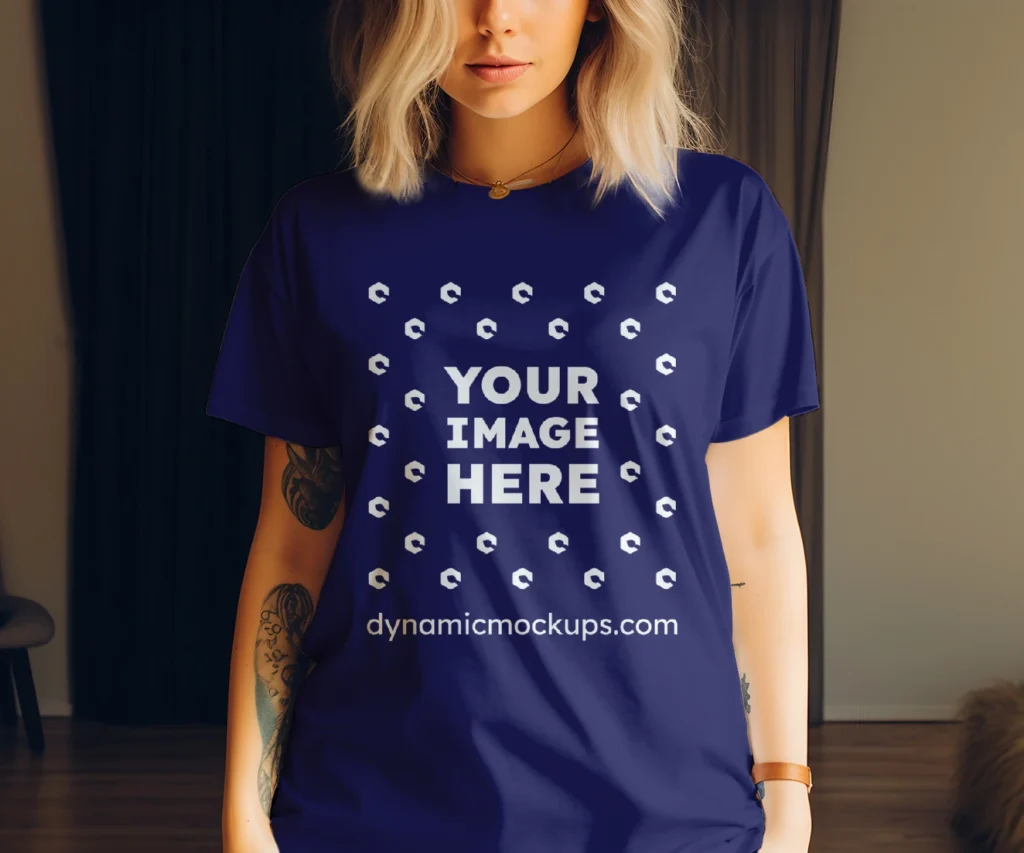 Woman Wearing Navy Blue T-shirt Mockup Front View Template