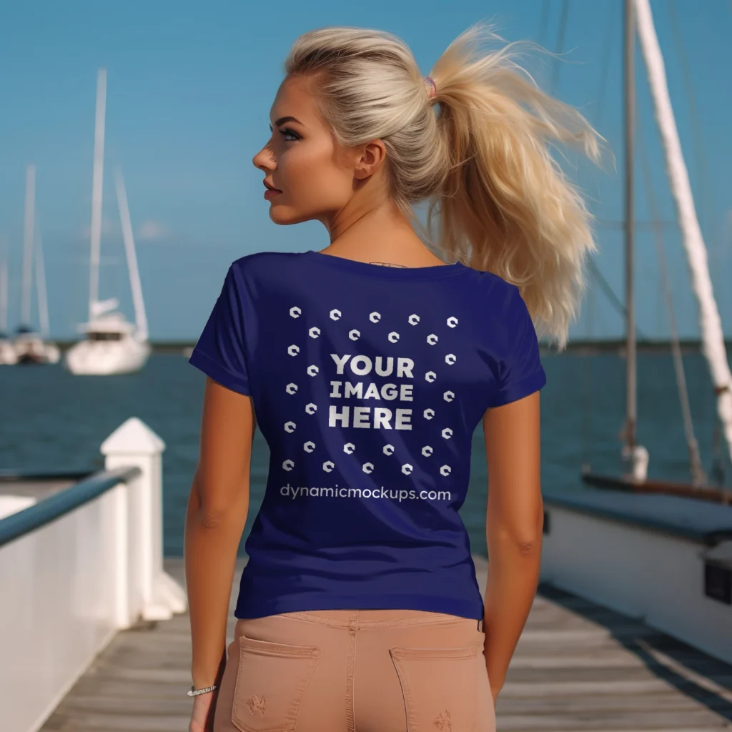 Woman Wearing Navy Blue T-shirt Mockup Back View Template