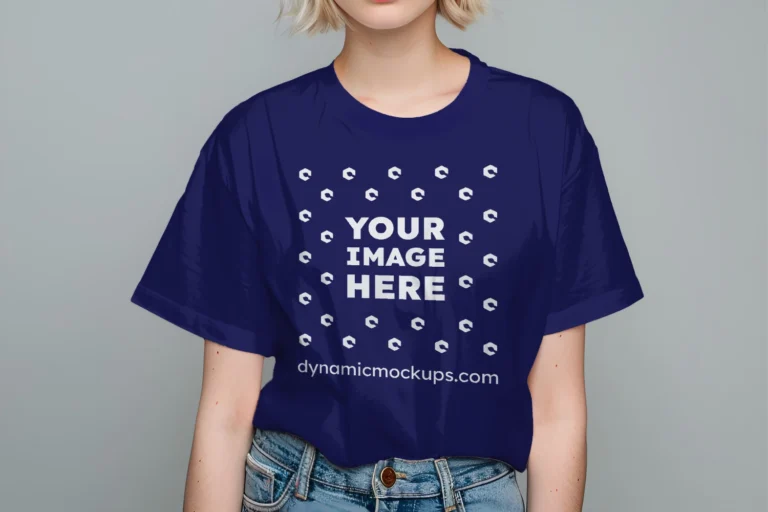 Woman Wearing Navy Blue T-shirt Mockup Front View Template