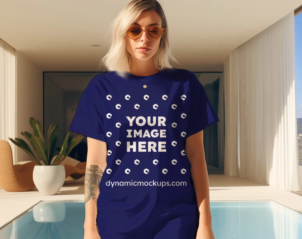 Woman Wearing Navy Blue T-shirt Mockup Front View Template