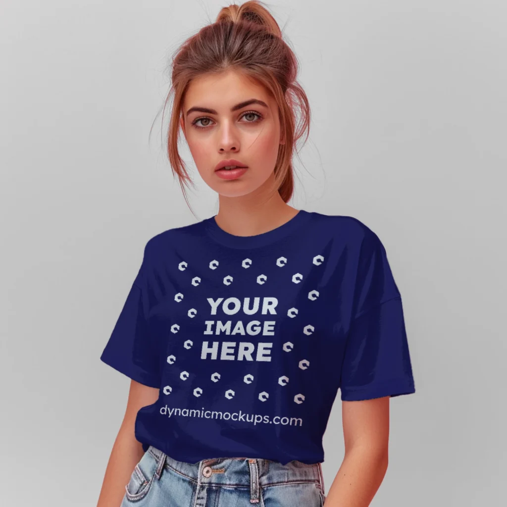 Woman Wearing Navy Blue T-shirt Mockup Front View Template